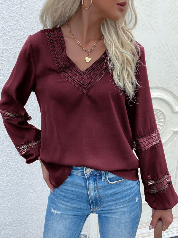 Blue Zone Planet | woven V-neck stitching hollow lace shirt BLUE ZONE PLANET