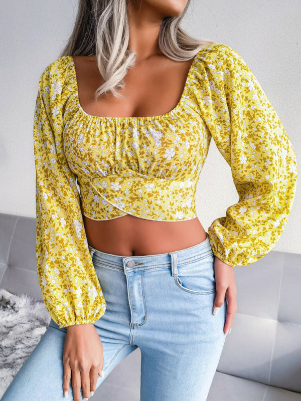 Blue Zone Planet | Lantern sleeve bowknot floral chiffon shirt holiday style crop top BLUE ZONE PLANET