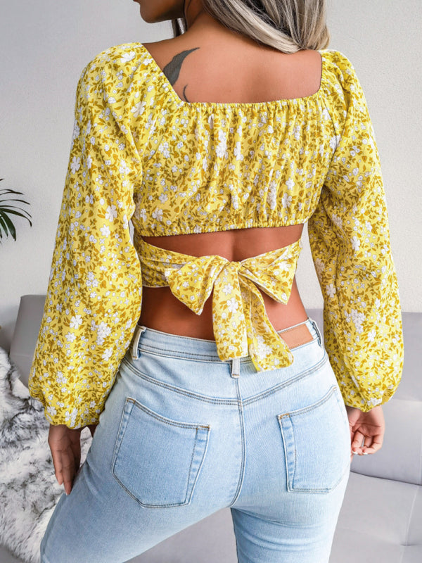 Blue Zone Planet | Lantern sleeve bowknot floral chiffon shirt holiday style crop top BLUE ZONE PLANET