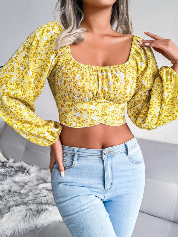 Blue Zone Planet | Lantern sleeve bowknot floral chiffon shirt holiday style crop top BLUE ZONE PLANET