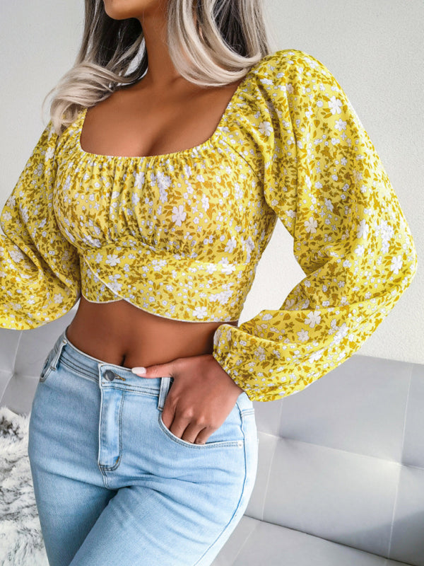 Blue Zone Planet | Lantern sleeve bowknot floral chiffon shirt holiday style crop top BLUE ZONE PLANET