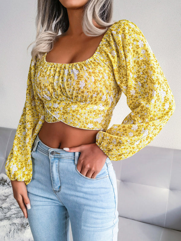 Blue Zone Planet | Lantern sleeve bowknot floral chiffon shirt holiday style crop top BLUE ZONE PLANET