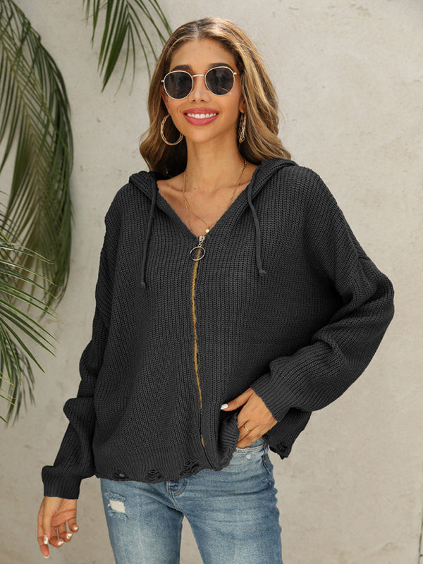 Blue Zone Planet | Hooded Hole Cardigan Knitted Jacket Sweater BLUE ZONE PLANET