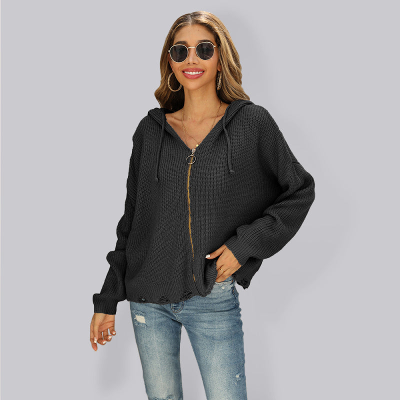 Blue Zone Planet | Hooded Hole Cardigan Knitted Jacket Sweater BLUE ZONE PLANET