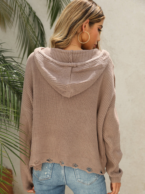 Blue Zone Planet | Hooded Hole Cardigan Knitted Jacket Sweater BLUE ZONE PLANET