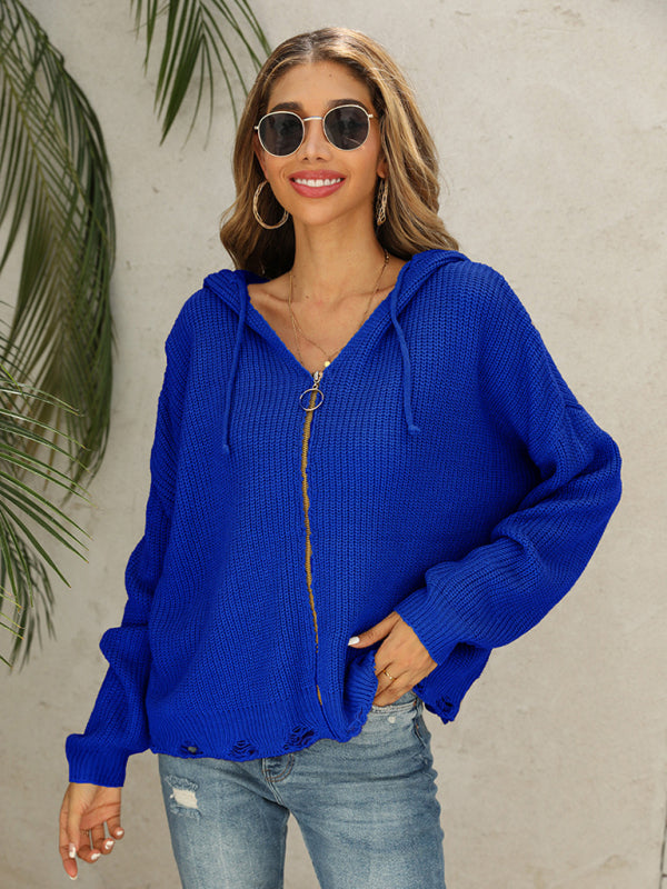 Blue Zone Planet | Hooded Hole Cardigan Knitted Jacket Sweater BLUE ZONE PLANET