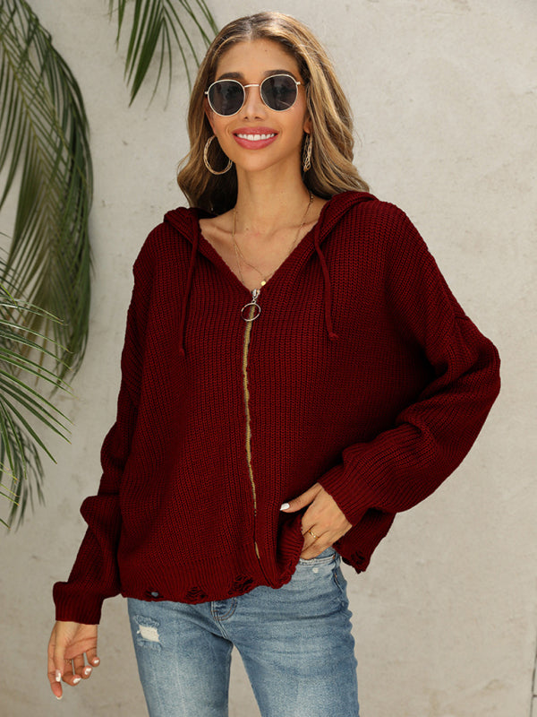 Blue Zone Planet | Hooded Hole Cardigan Knitted Jacket Sweater BLUE ZONE PLANET