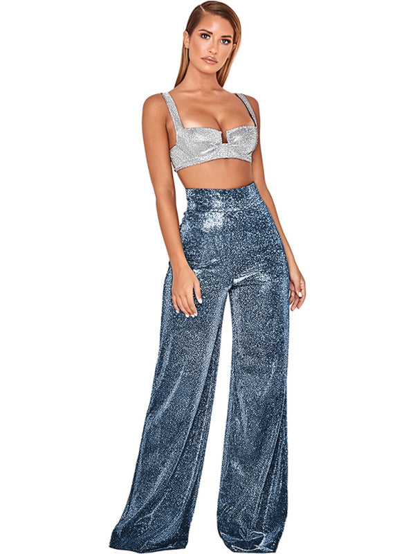 Blue Zone Planet | Hot Silver Wide Leg Pants High Waist Straight Ladies Pants BLUE ZONE PLANET