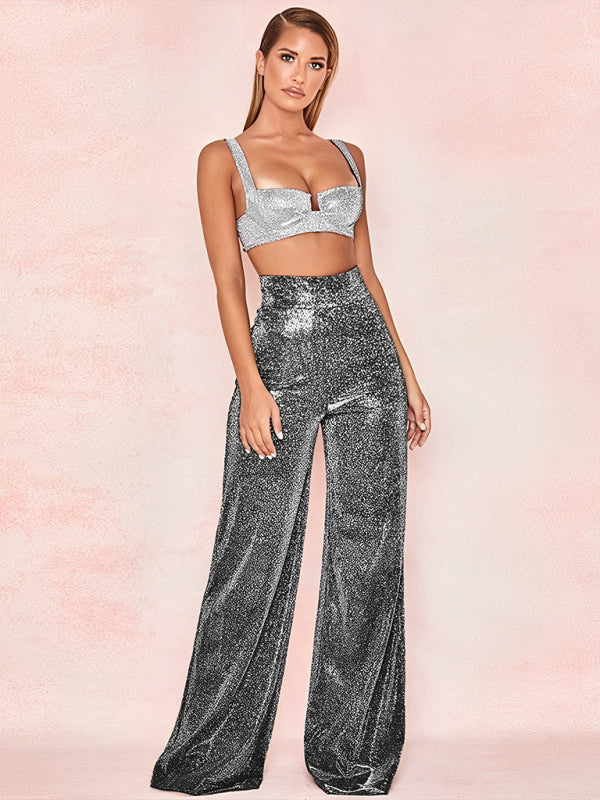 Blue Zone Planet | Hot Silver Wide Leg Pants High Waist Straight Ladies Pants BLUE ZONE PLANET