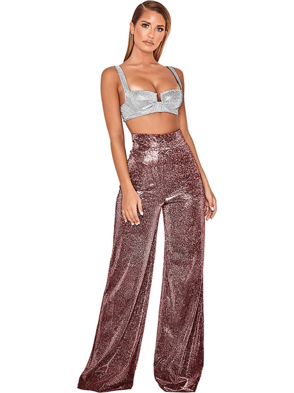 Blue Zone Planet | Hot Silver Wide Leg Pants High Waist Straight Ladies Pants BLUE ZONE PLANET