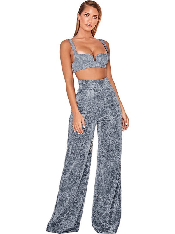 Blue Zone Planet | Hot Silver Wide Leg Pants High Waist Straight Ladies Pants BLUE ZONE PLANET