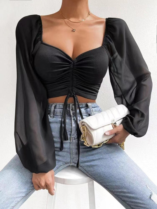 Drawstring Knit Paneled Chiffon Top Feminine Top European and American BLUE ZONE PLANET
