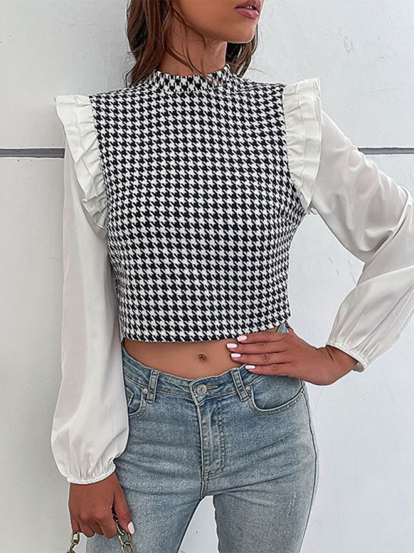 Blue Zone Planet | Woven Mock Neck Long Sleeve Houndstooth Shirt BLUE ZONE PLANET