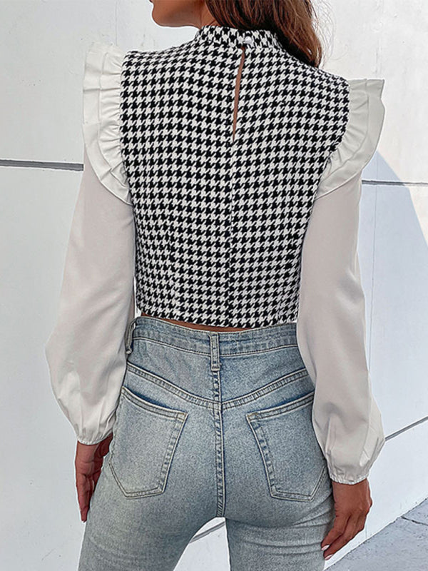 Blue Zone Planet | Woven Mock Neck Long Sleeve Houndstooth Shirt BLUE ZONE PLANET