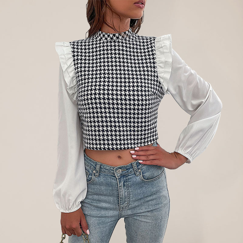 Blue Zone Planet | Woven Mock Neck Long Sleeve Houndstooth Shirt BLUE ZONE PLANET