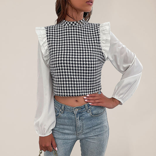 Blue Zone Planet |  Woven Mock Neck Long Sleeve Houndstooth Shirt BLUE ZONE PLANET