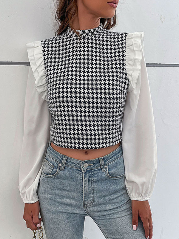 Blue Zone Planet | Woven Mock Neck Long Sleeve Houndstooth Shirt BLUE ZONE PLANET