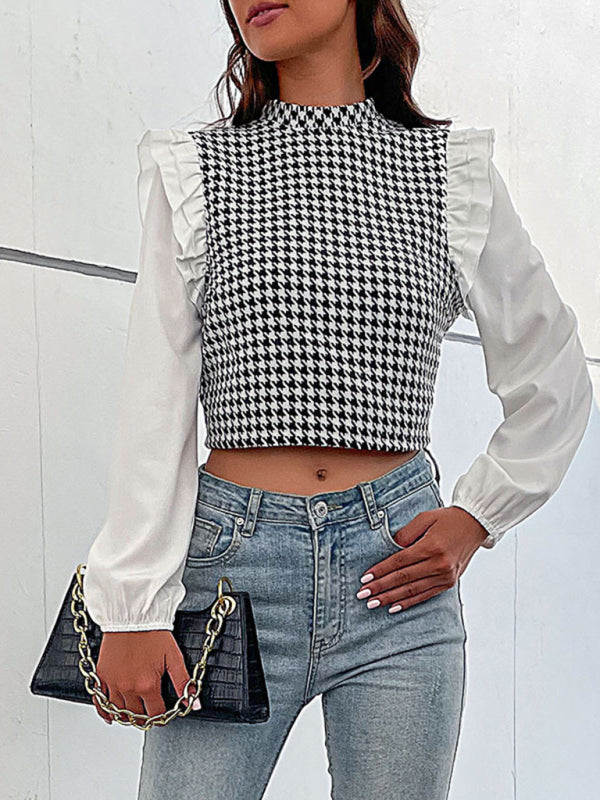 Blue Zone Planet | Woven Mock Neck Long Sleeve Houndstooth Shirt BLUE ZONE PLANET