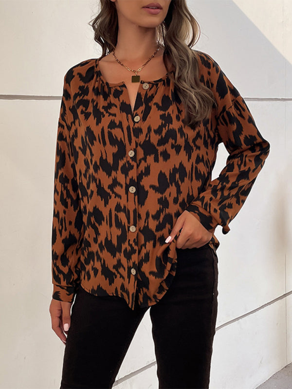 Blue Zone Planet | Woven Leopard Print Cardigan Long-sleeved Shirt BLUE ZONE PLANET