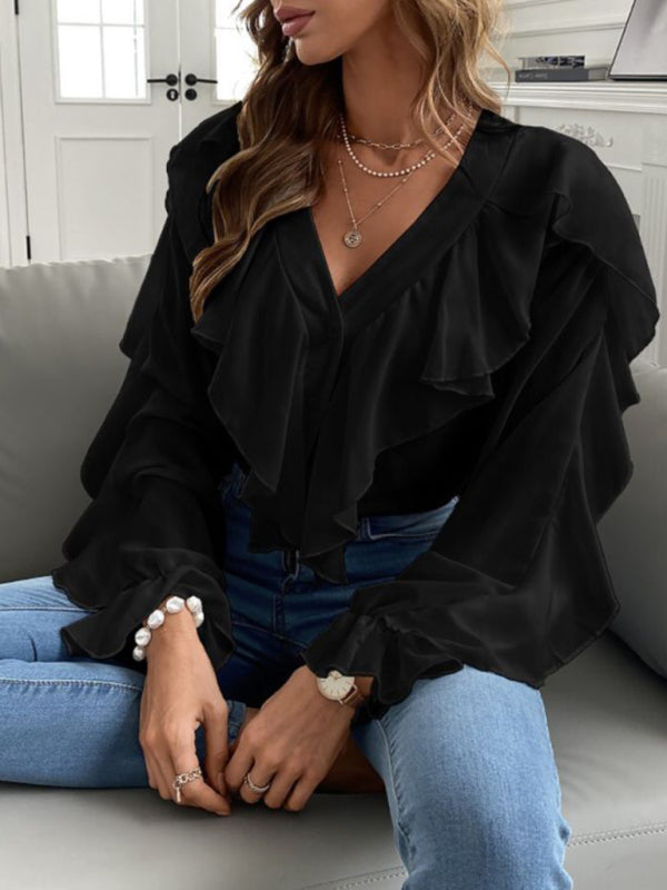 Blue Zone Planet | V Neck Ruffle Top Shirt Long Sleeves BLUE ZONE PLANET