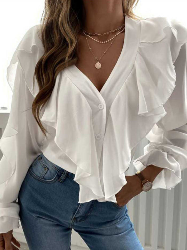 Blue Zone Planet | V Neck Ruffle Top Shirt Long Sleeves BLUE ZONE PLANET