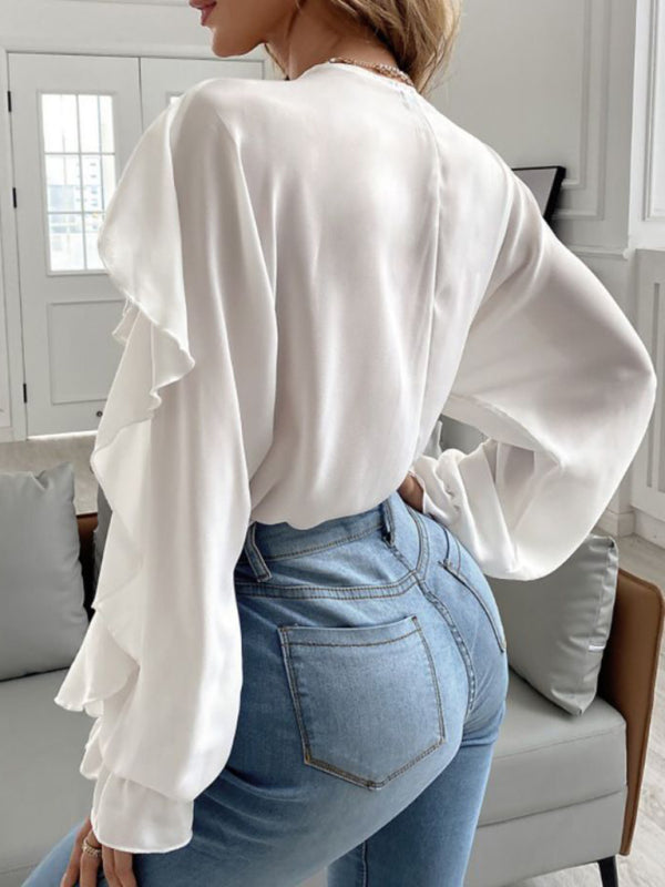 Blue Zone Planet | V Neck Ruffle Top Shirt Long Sleeves BLUE ZONE PLANET