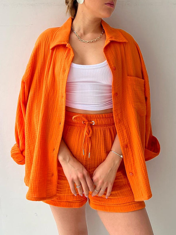 Blue Zone Planet | solid color lapel collar shirt & shorts two-piece sets BLUE ZONE PLANET