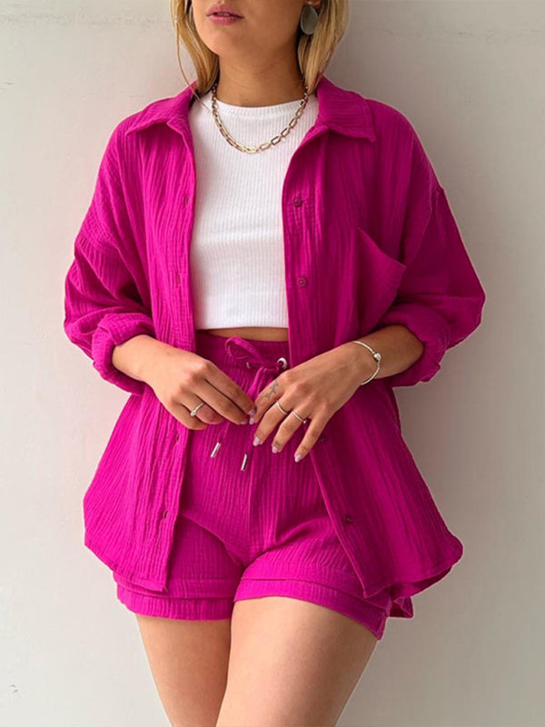Blue Zone Planet | solid color lapel collar shirt & shorts two-piece sets BLUE ZONE PLANET