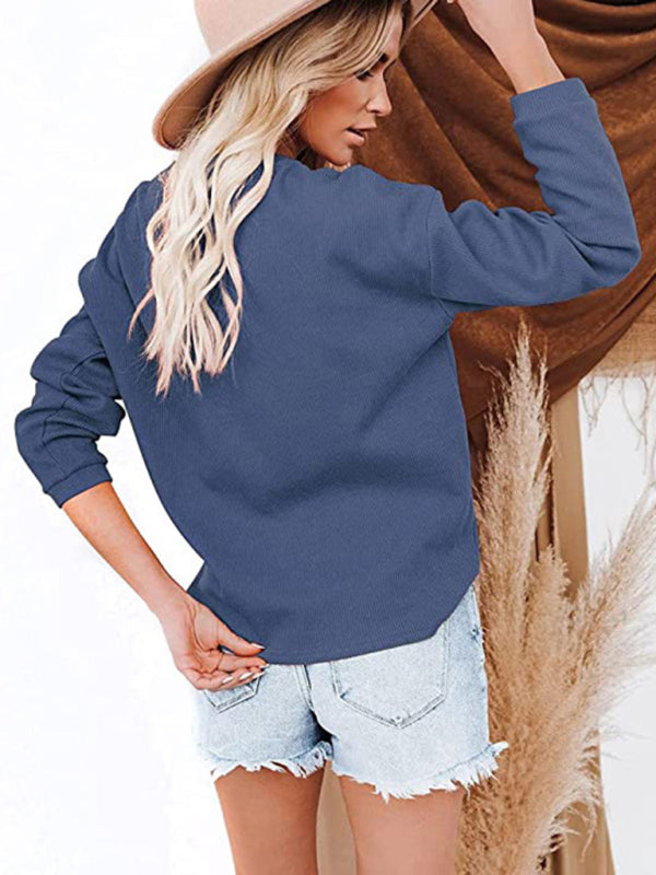 Blue Zone Planet | Women's Clothes Amazon Hot Style V-neck Solid Color Long-sleeved Top T-Shirt Women BLUE ZONE PLANET