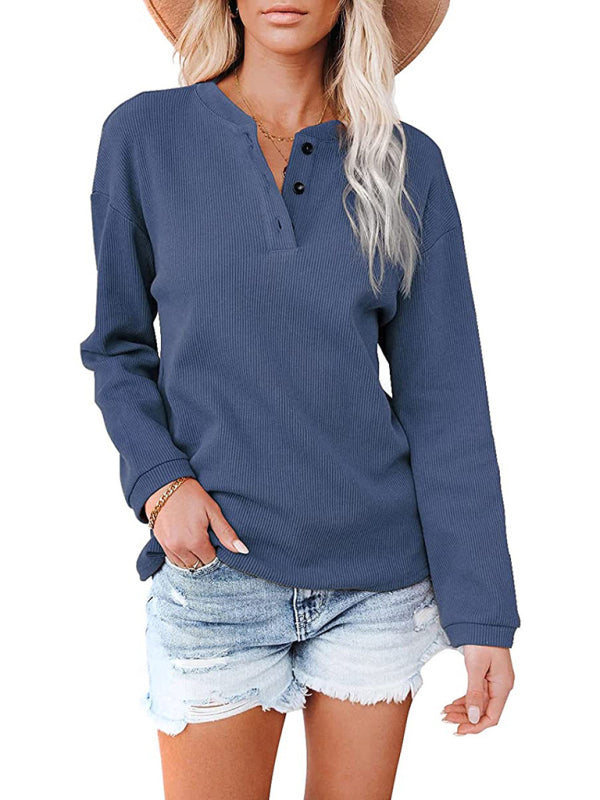 Blue Zone Planet | Women's Clothes Amazon Hot Style V-neck Solid Color Long-sleeved Top T-Shirt Women BLUE ZONE PLANET