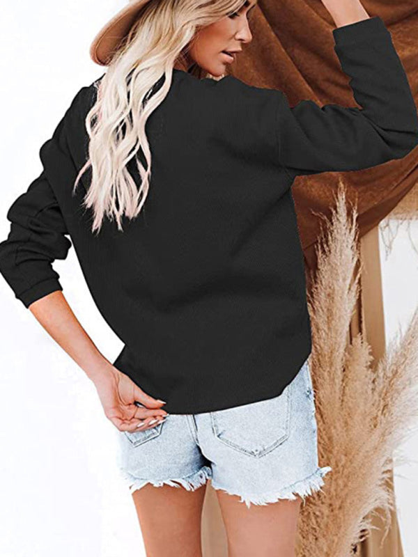 Blue Zone Planet | Women's Clothes Amazon Hot Style V-neck Solid Color Long-sleeved Top T-Shirt Women BLUE ZONE PLANET