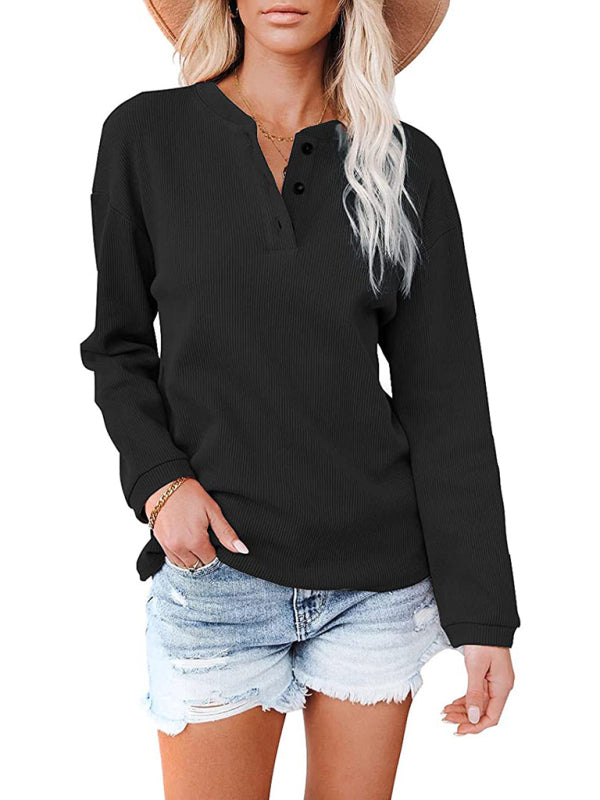 Blue Zone Planet | Women's Clothes Amazon Hot Style V-neck Solid Color Long-sleeved Top T-Shirt Women BLUE ZONE PLANET