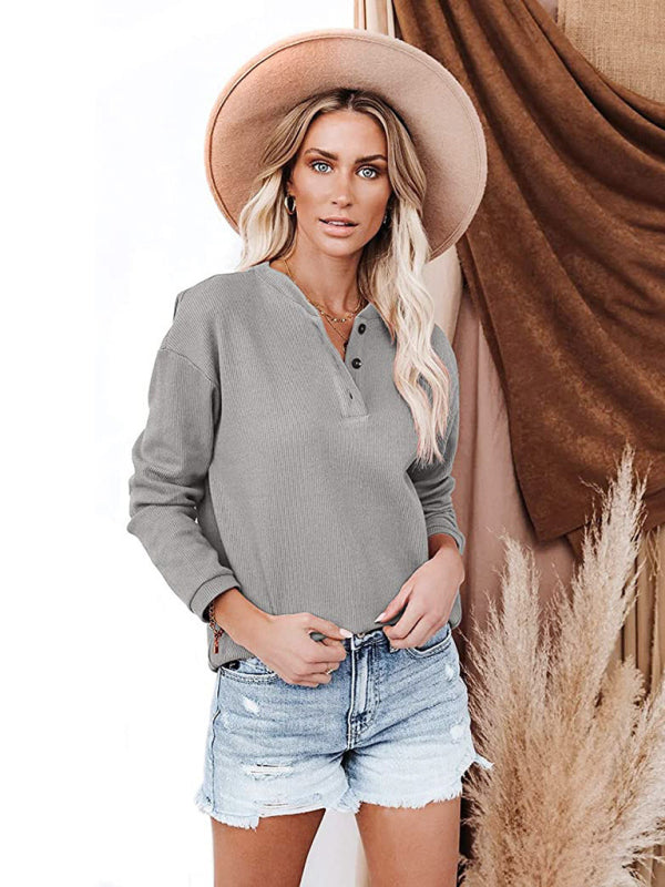Blue Zone Planet | Women's Clothes Amazon Hot Style V-neck Solid Color Long-sleeved Top T-Shirt Women BLUE ZONE PLANET