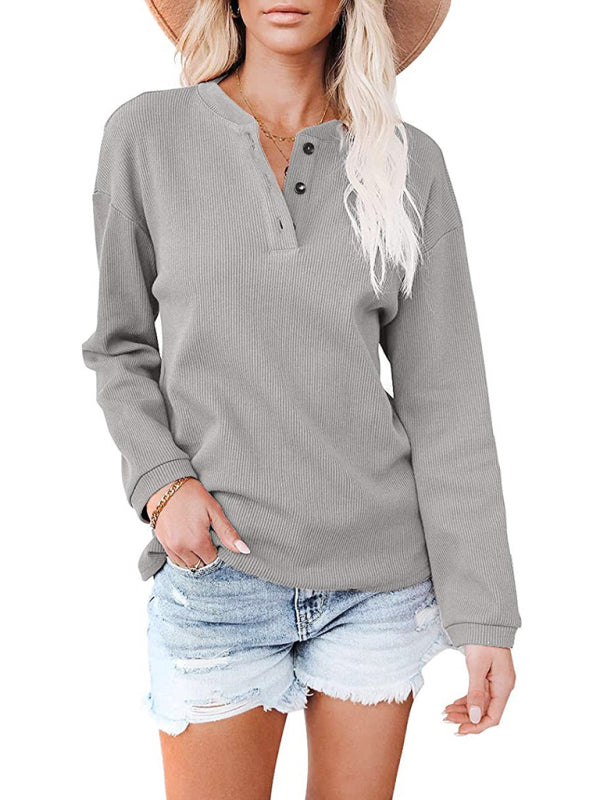 Blue Zone Planet | Women's Clothes Amazon Hot Style V-neck Solid Color Long-sleeved Top T-Shirt Women BLUE ZONE PLANET
