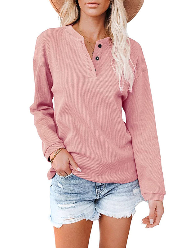 Blue Zone Planet | Women's Clothes Amazon Hot Style V-neck Solid Color Long-sleeved Top T-Shirt Women BLUE ZONE PLANET