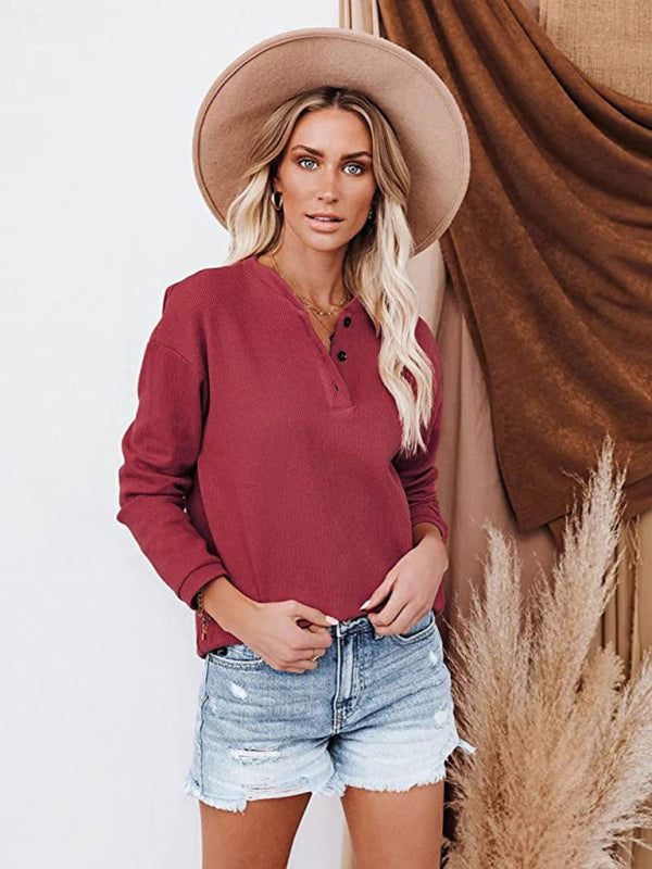 Blue Zone Planet | Women's Clothes Amazon Hot Style V-neck Solid Color Long-sleeved Top T-Shirt Women BLUE ZONE PLANET