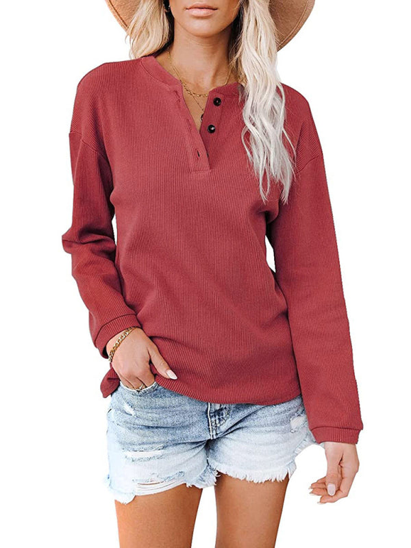 Blue Zone Planet | Women's Clothes Amazon Hot Style V-neck Solid Color Long-sleeved Top T-Shirt Women BLUE ZONE PLANET