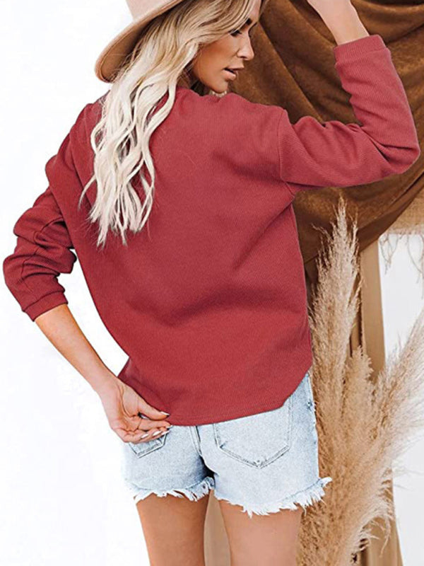 Blue Zone Planet | Women's Clothes Amazon Hot Style V-neck Solid Color Long-sleeved Top T-Shirt Women BLUE ZONE PLANET