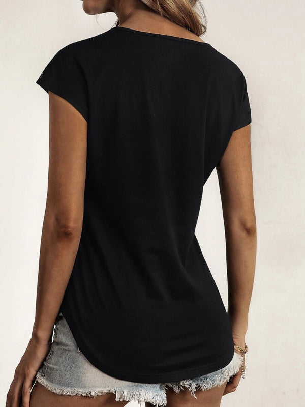 Blue Zone Planet | solid color round neck zipper stitching lace short-sleeved T-shirt BLUE ZONE PLANET