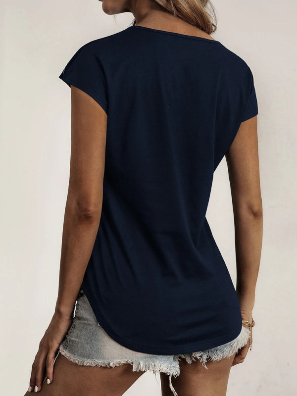 Blue Zone Planet | solid color round neck zipper stitching lace short-sleeved T-shirt BLUE ZONE PLANET