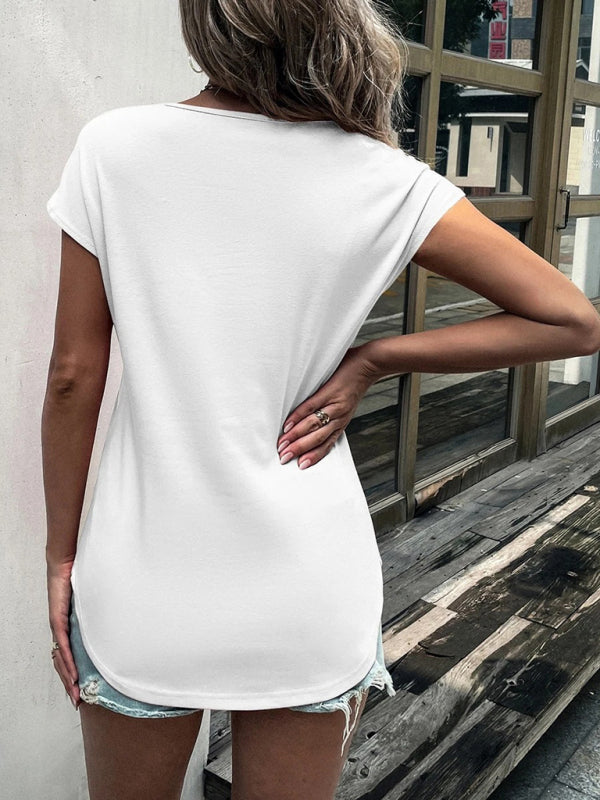 Blue Zone Planet | solid color round neck zipper stitching lace short-sleeved T-shirt BLUE ZONE PLANET
