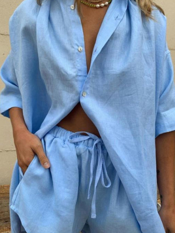 Blue Zone Planet | Solid Color Single Breasted Short Sleeve Shirt Shorts Loose Suit BLUE ZONE PLANET