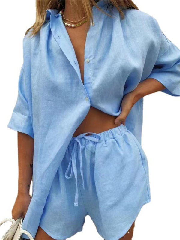 Blue Zone Planet | Solid Color Single Breasted Short Sleeve Shirt Shorts Loose Suit BLUE ZONE PLANET