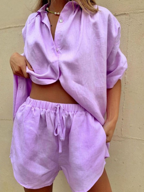 Blue Zone Planet | Solid Color Single Breasted Short Sleeve Shirt Shorts Loose Suit BLUE ZONE PLANET