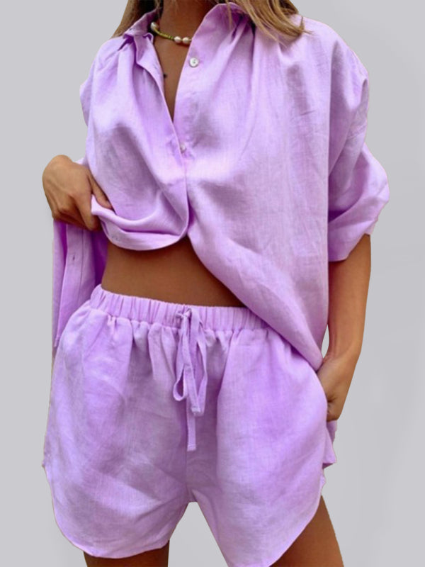 Blue Zone Planet | Solid Color Single Breasted Short Sleeve Shirt Shorts Loose Suit BLUE ZONE PLANET