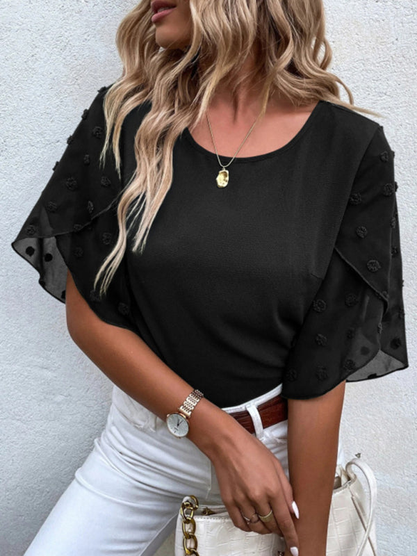 Blue Zone Planet | Solid color lace paneling round neck short sleeve top BLUE ZONE PLANET