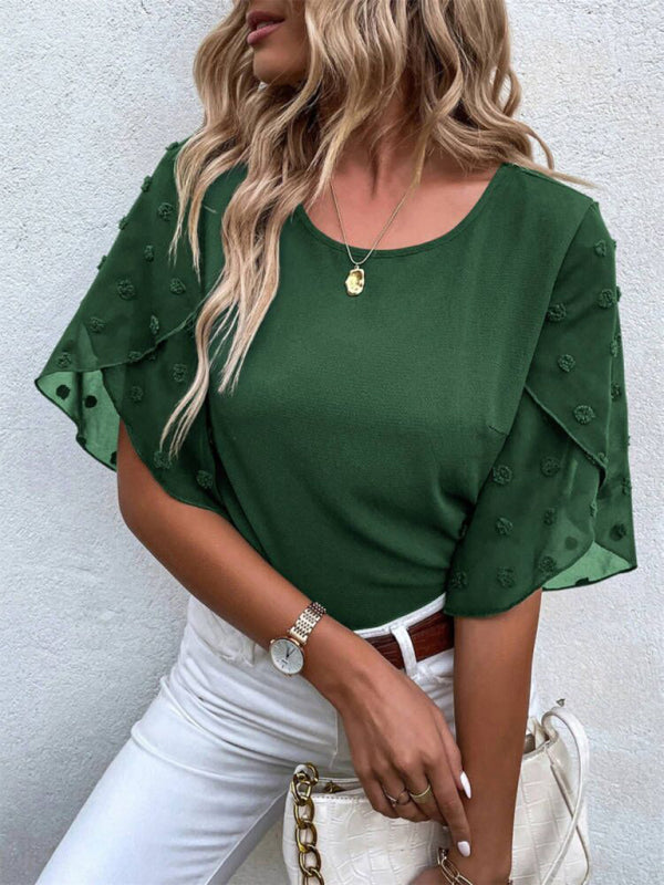 Blue Zone Planet | Solid color lace paneling round neck short sleeve top BLUE ZONE PLANET