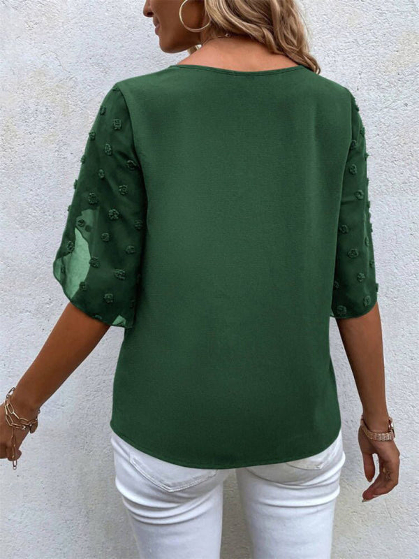 Blue Zone Planet | Solid color lace paneling round neck short sleeve top BLUE ZONE PLANET