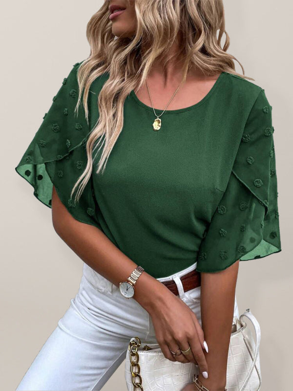 Blue Zone Planet | Solid color lace paneling round neck short sleeve top BLUE ZONE PLANET