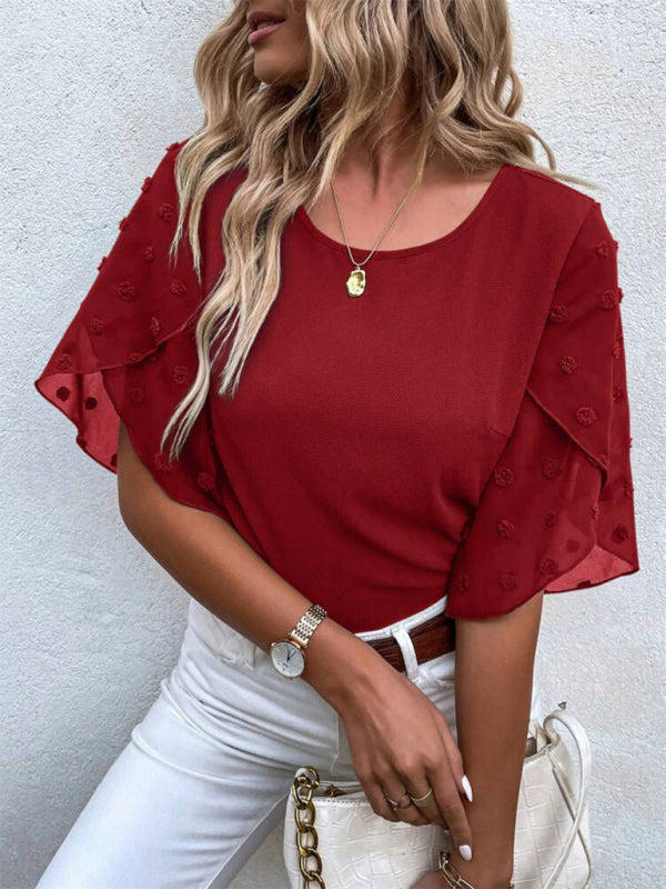 Blue Zone Planet | Solid color lace paneling round neck short sleeve top BLUE ZONE PLANET